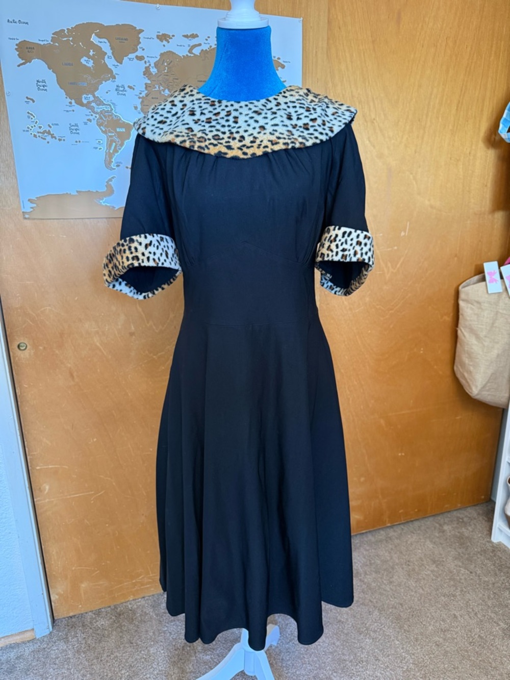 Stop Staring Black Midi Dress with Leopard Trim